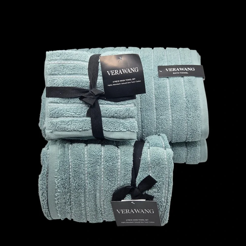 Vera Wang 8pc Zero Twist Cotton Bath‎ Towel Set Geo Stitch Aqua Blue B Twlos